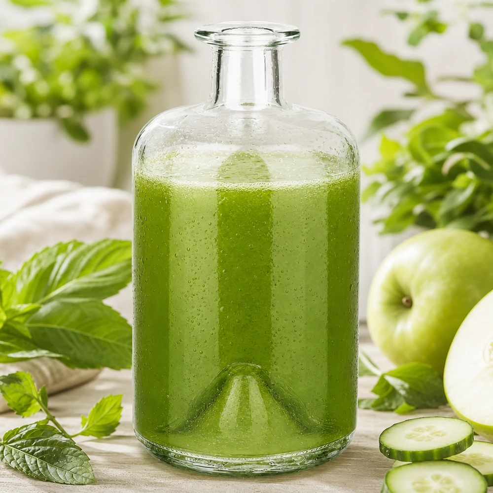 500 ml apothekersfles 500ml Glasflasche "Sofia" ohne Verschluss UNiTWIST zonder sluiting UNiTWIST® 500ml glazen fles Sofia gevuld met groene smoothie komkommer appel munt detox drankje apothekersfles keuken