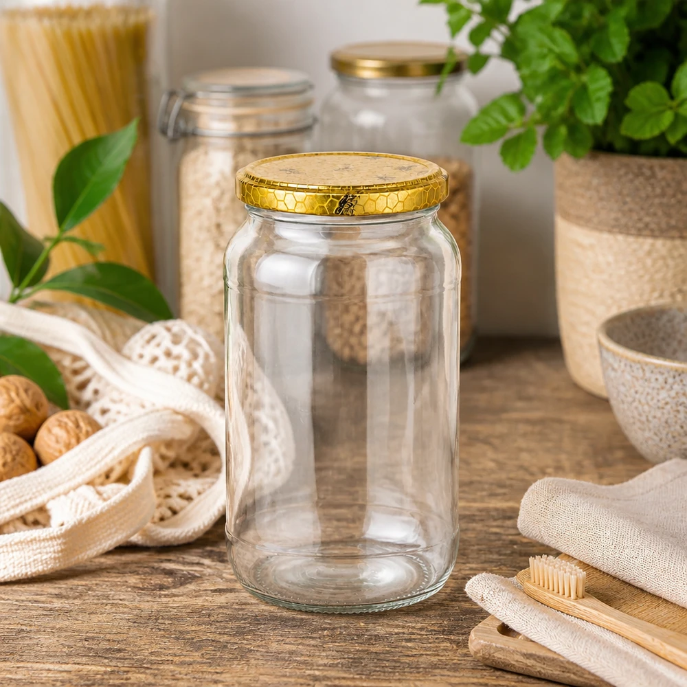 1062ml rond glas met BasicSeal deksel Honingraat UNiTWIST 1062ml rond glas leeg op houten tafel met duurzaam keukengerei bamboe tandenborstels jute zak zero-waste lifestyle