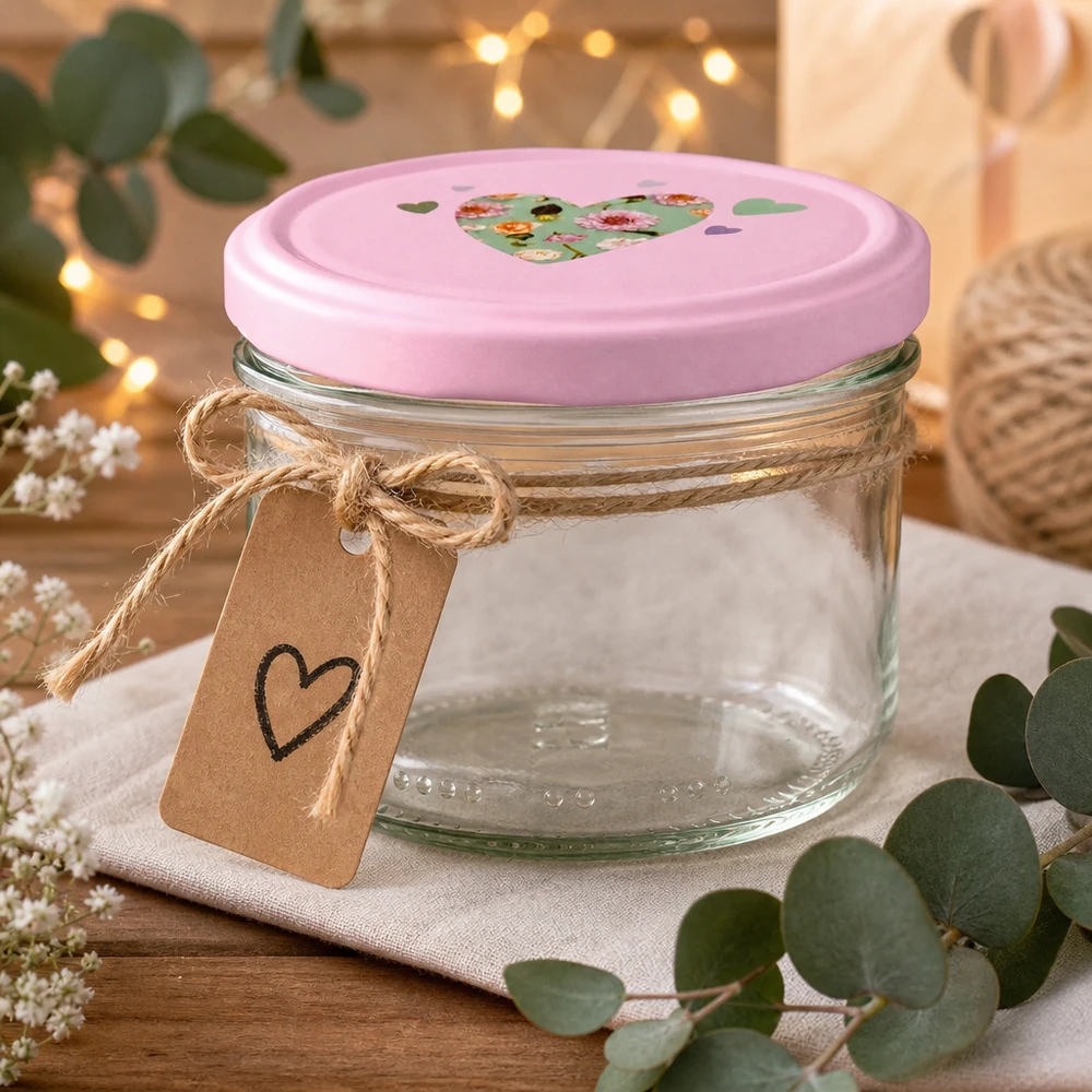 Cilindervormige pot 230 ml + BasicSeal-deksel roze hart 230 ml cilindervormige pot met roze hartdeksel decoratief versierd met jute lint, hanger en eucalyptus als cadeau-idee