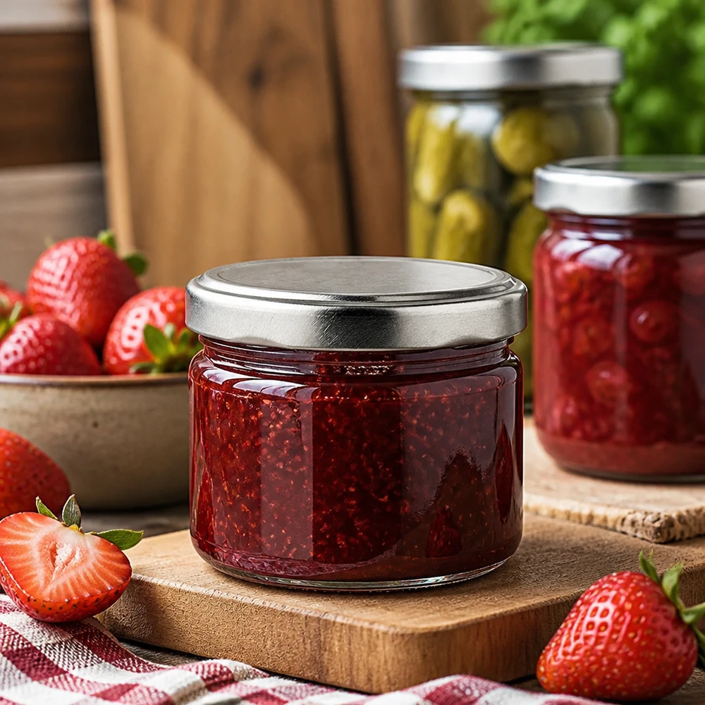 540ml rond glas met BasicSeal deksel zilver UNiTWIST 540 ml ronde pot met zilveren deksel voor jam en marmelade, inmaakpot met aardbeien op een houten tafel