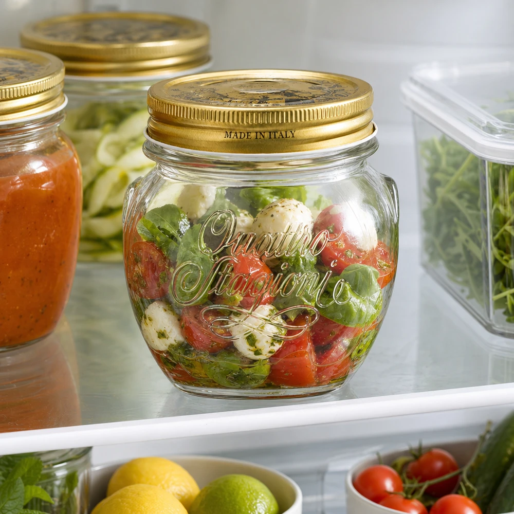 300 ml rond glas "Quattro Stagioni" met deksel 300ml ronde pot Quattro Stagioni met gouden deksel gevuld met Caprese salade in de koelkast Made in Italy