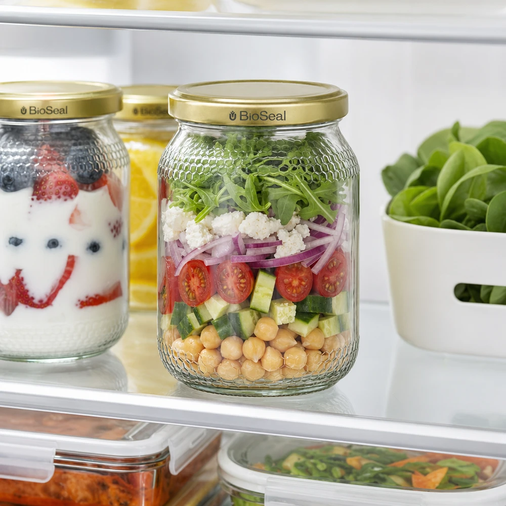 Honingpot 1260 g met gouden BioSeal UNiTWIST-deksel 900ml honing pot BioSeal deksel goud koelkast Meal Prep salade laag pot kikkererwten tomaten opslag