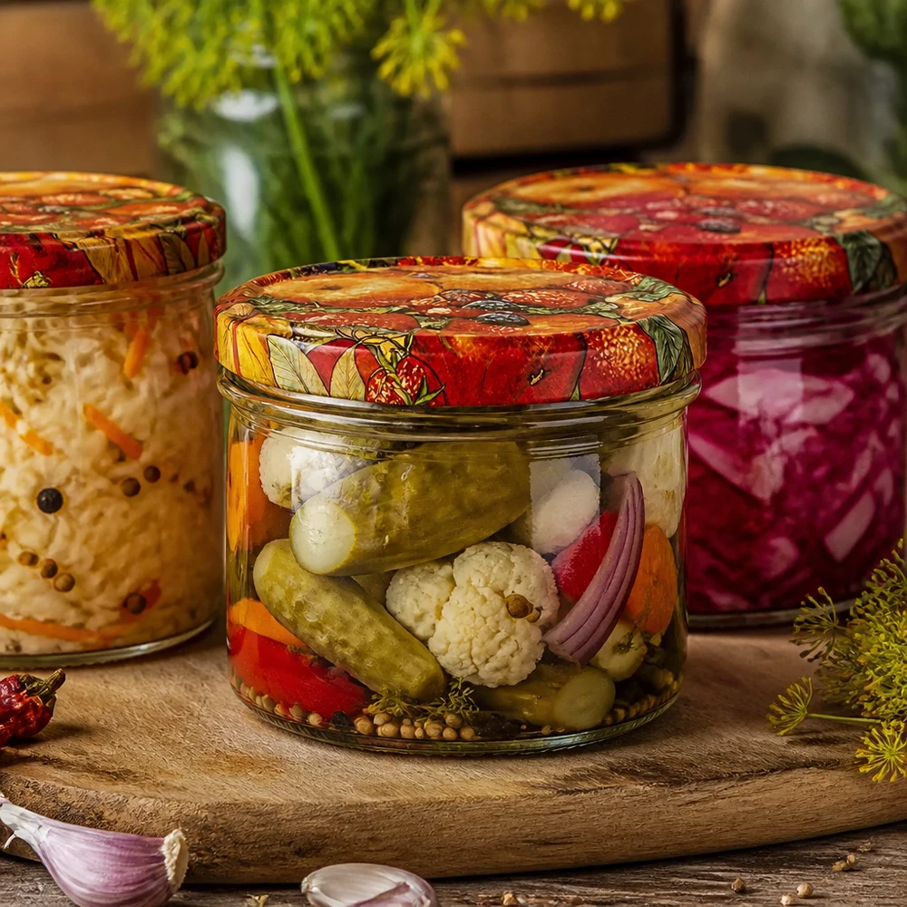 225ml bekers met BasicSeal deksel Fruit decor UNiTWIST 225 ml tuimelschalen fruitdecor met ingemaakte gemengde groenten, inmaakpot voor augurken en gefermenteerde conserven