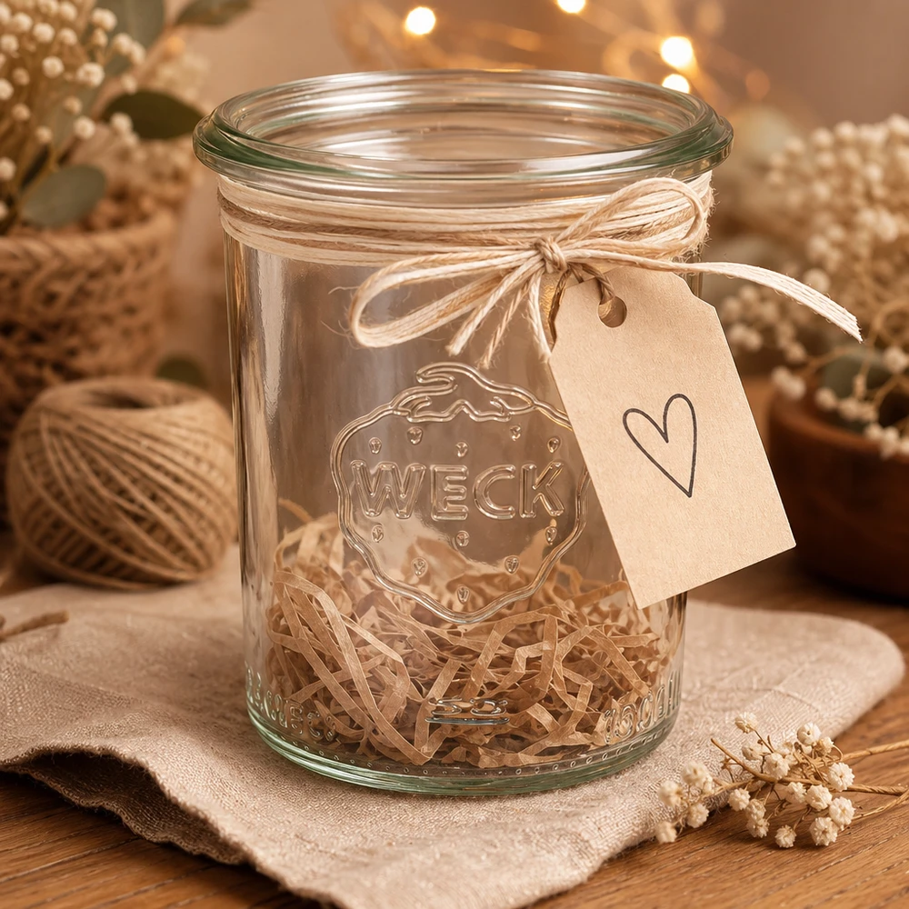 160ml stortglas WECK RR60 160ml beker WECK RR60 met hart hanger en raffia koord gedecoreerd als geschenkverpakking op een houten tafel