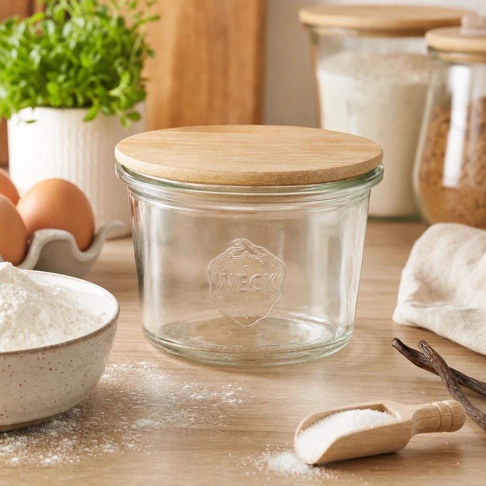 WECK-mini stortglas 35ml met hout deksel WECK Mini Sturzglas 35ml RR40 mit Bambus Holzdeckel in moderner Küche zwischen Backzutaten Mehl und Eiern