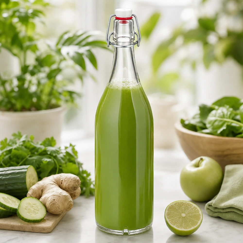Glazen fles van 1000 ml + porseleinen slingerdop UN... 1000ml glazen fles met draaidop gevuld met groen sap omringd door verse ingrediënten zoals komkommer-gember