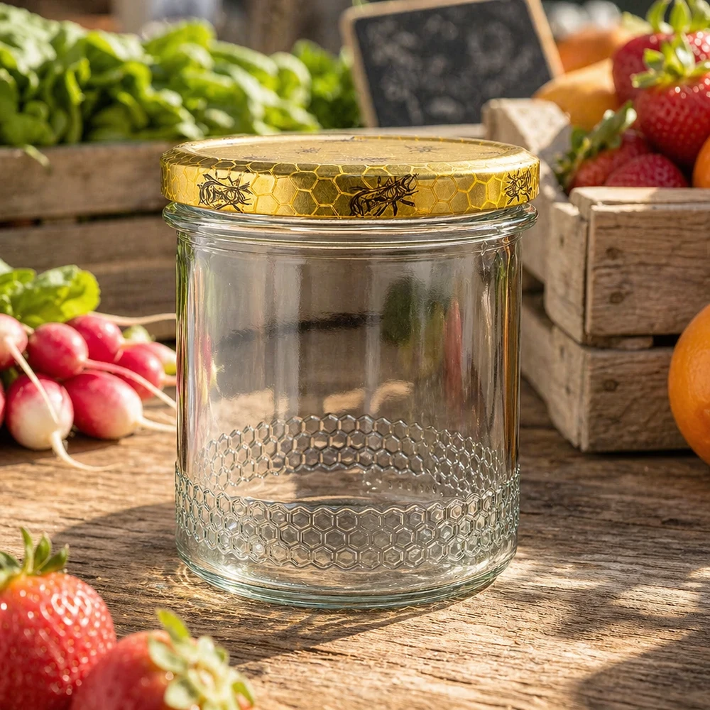 400 ml honingpot met BasicSeal honingraatdeksel, lege imkerpot tussen verse aardbeien en groenten