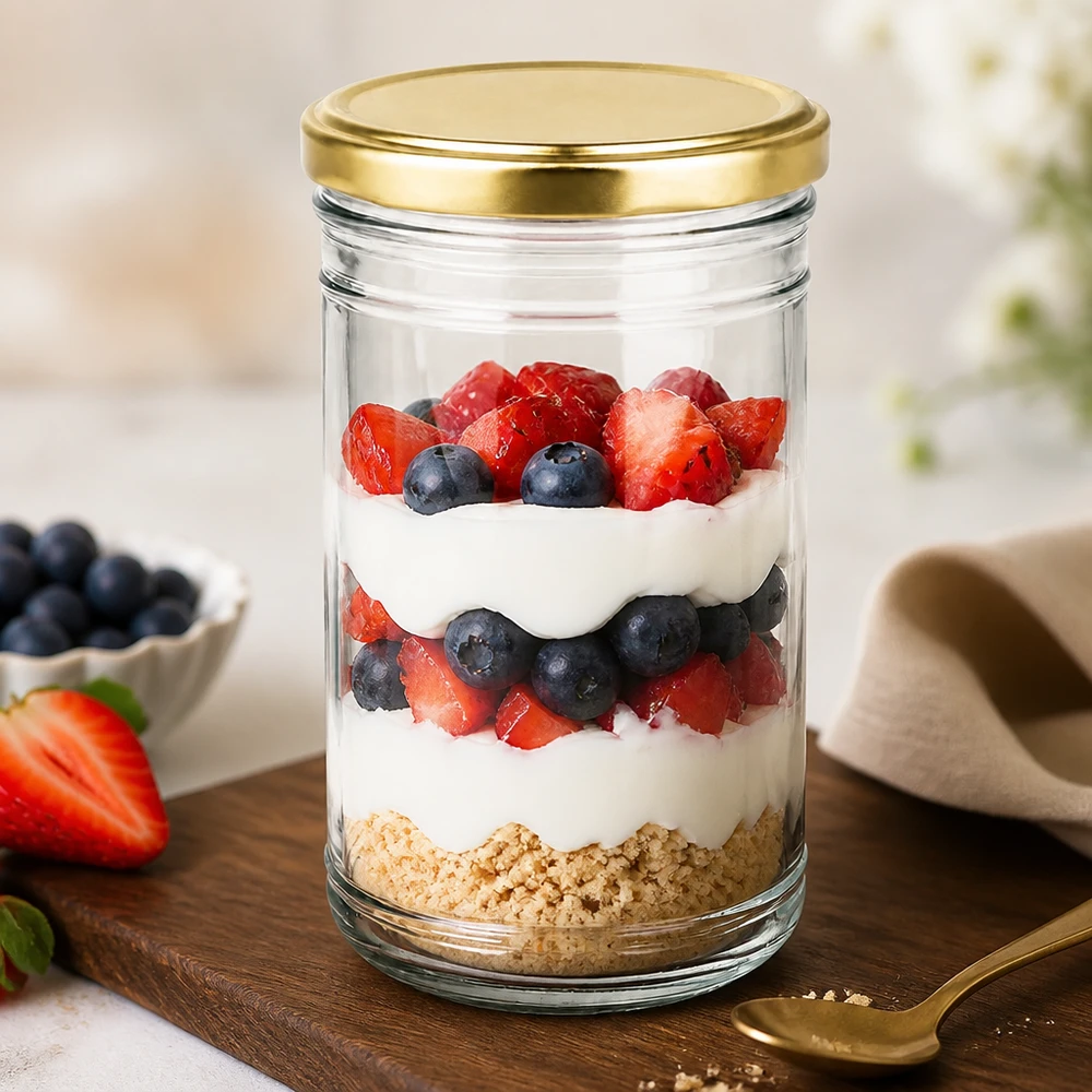1053ml beker met BasicSeal deksel goud UNiTWIST Gelaagd dessert met bessen en yoghurt in een glazen pot van 1053 ml met een gouden deksel als gezond dessertidee