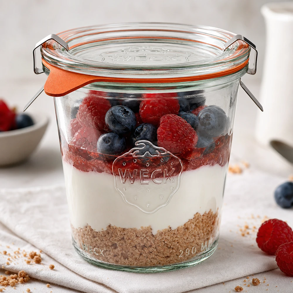 290ml stortglas hoge compleet WECK RR80 WECK beker 290ml RR80 als dessert pot met yoghurt bessen en muesli in lagen op een wit oppervlak