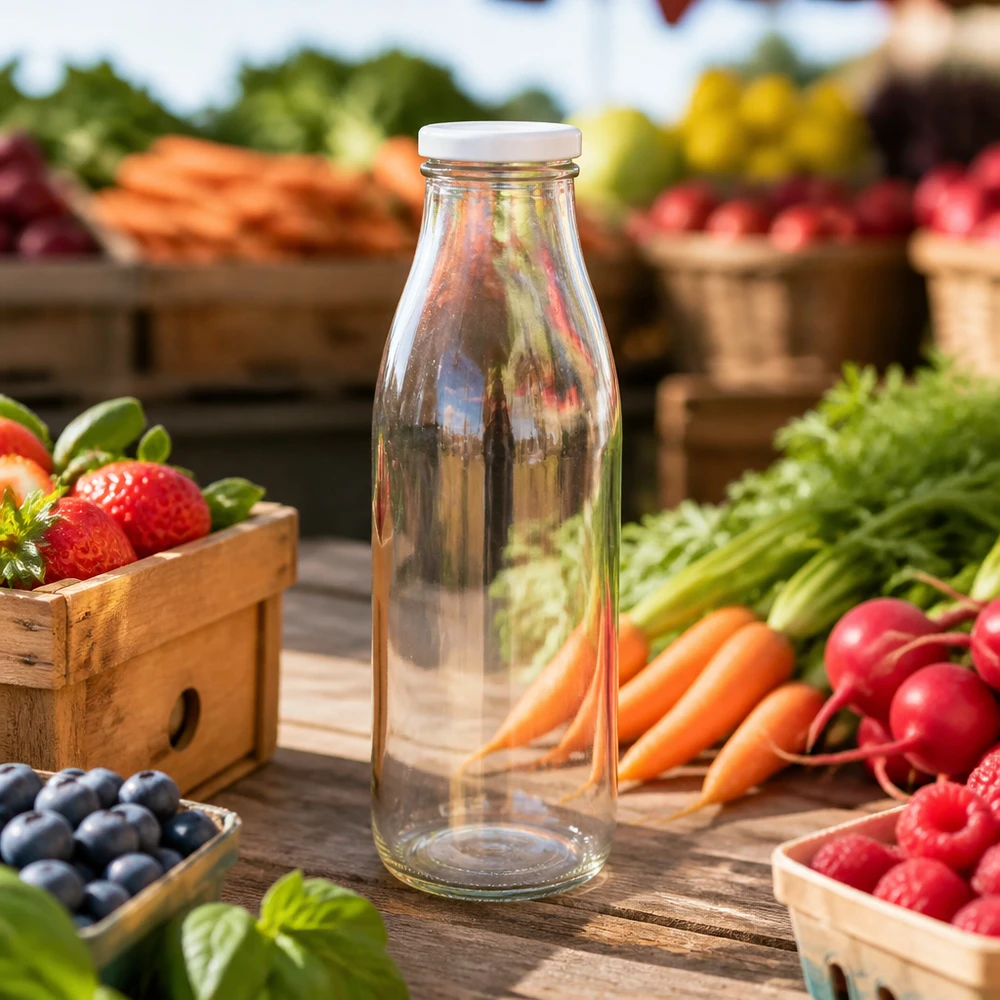 500ml fles met BasicSeal deksel wit UNiTWIST 500ml glazen fles met BasicSeal deksel op houten tafel tussen vers fruit en groenten bij de marktkraam
