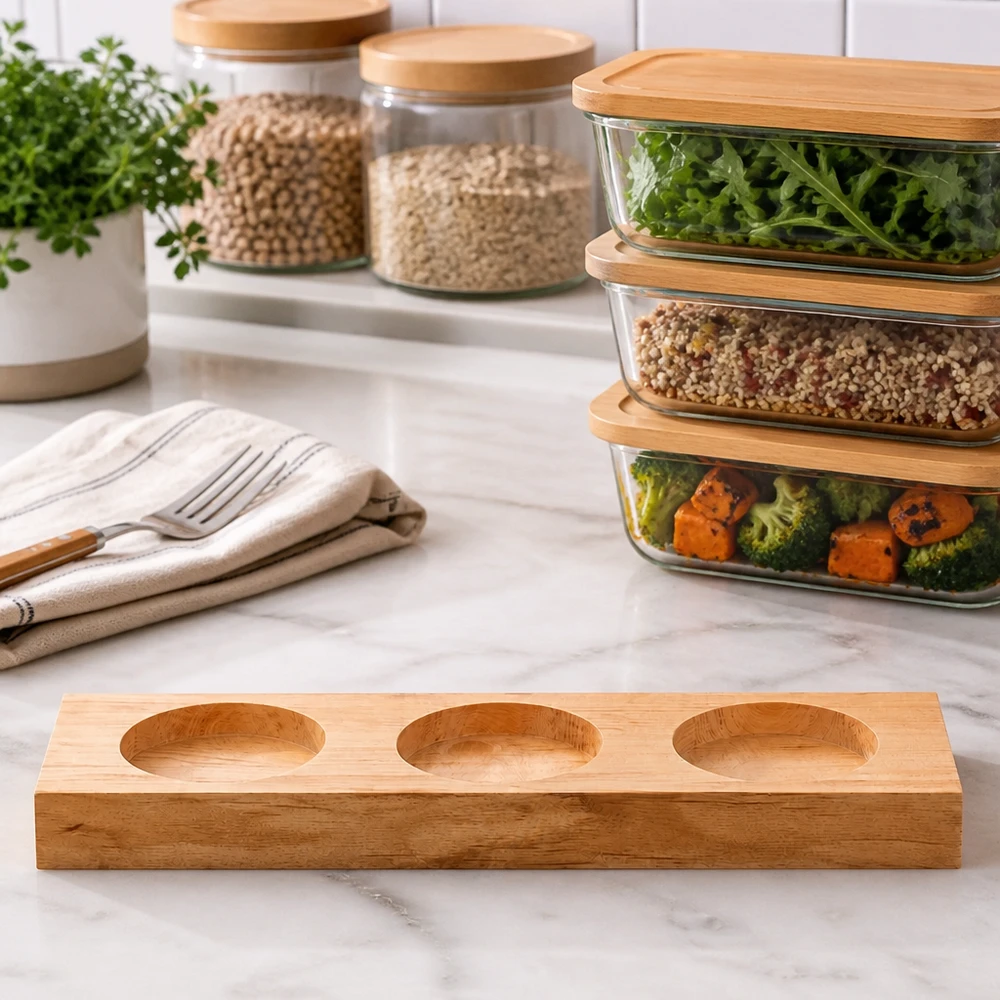 Bamboe serveerplank Plano3 op marmeren aanrecht in moderne keuken met maaltijdcontainers en voorraadpotten