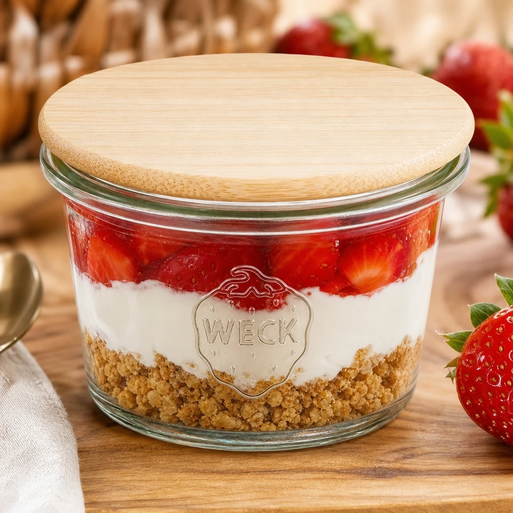 WECK mini mason jar 35ml RR40 met bamboe houten deksel gevuld met aardbeien gelaagd dessert op houten plank met verse aardbeien