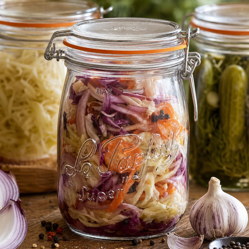 1000ml Le Parfait Super voorraadpot met draaidop gevuld met gefermenteerde groenten en kruiden