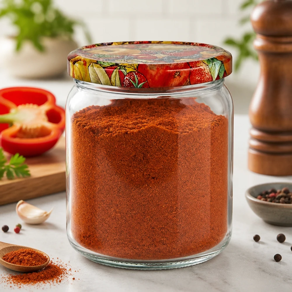 408ml rond glas met BasicSeal deksel Fruit decor UNiTWIST 408 ml ronde pot gevuld met paprikapoeder toont praktisch keukengebruik van het fruitdecor deksel voor het bewaren van specerijen