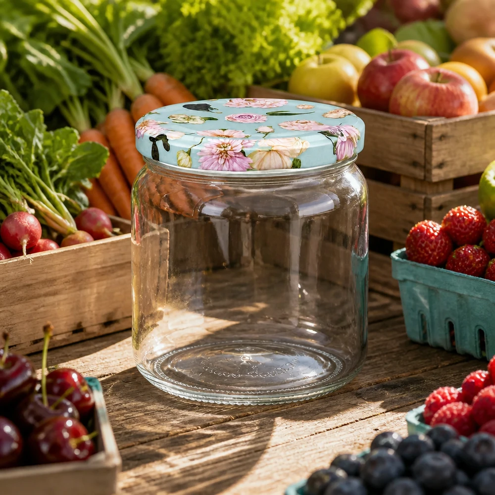 425ml ronde pot met BasicSeal deksel bloem mint design tussen vers fruit en groenten - voorraadpot voor keuken