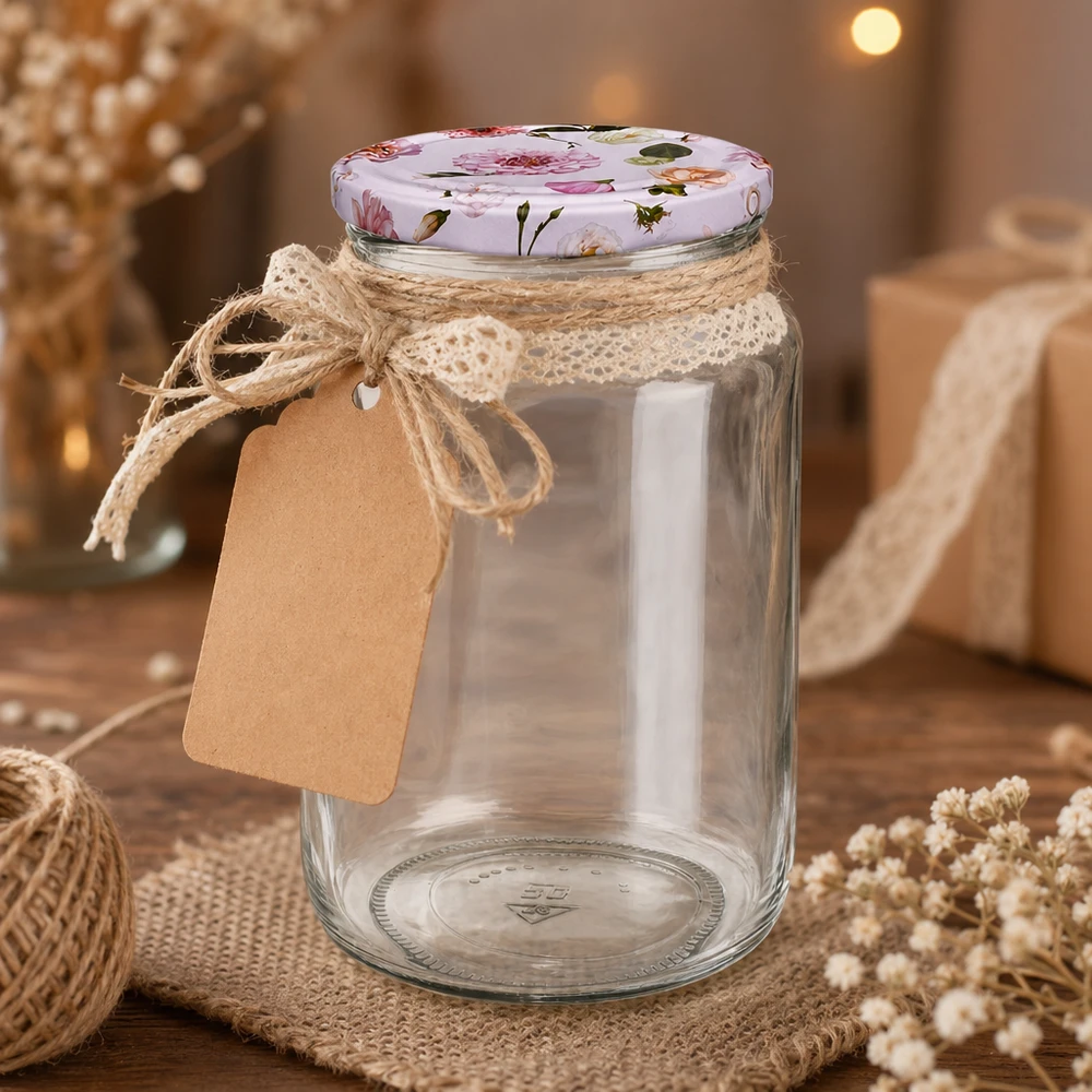 Ronde pot van 795 ml + BasicSeal-deksel met roze bloem UNiTWIST 795ml ronde pot leeg met BasicSeal deksel roze bloemen rustieke decoratie jute koord kraftpapier label geschenkverpakking