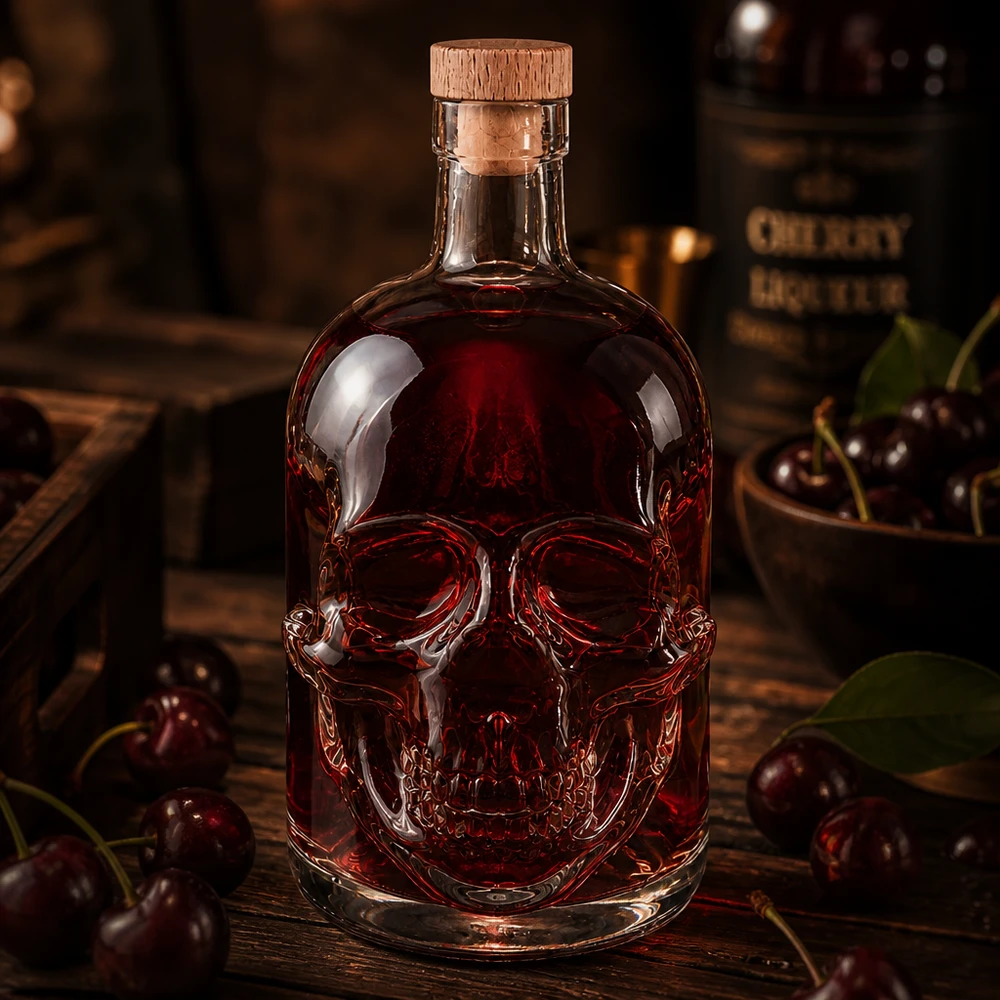 Totenkopf-Glasflasche 700ml Jack mit roter Flüssigkeit gefüllt zwischen dunklen Kirschen in mystischer Bar-Atmosphäre