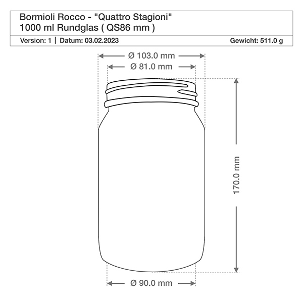1000 ml rond glas "Quattro Stagioni" met deksel Technische tekening 1000ml Quattro Stagioni rond glas met afmetingen diameter hoogte 170mm Bormioli Rocco specificatie