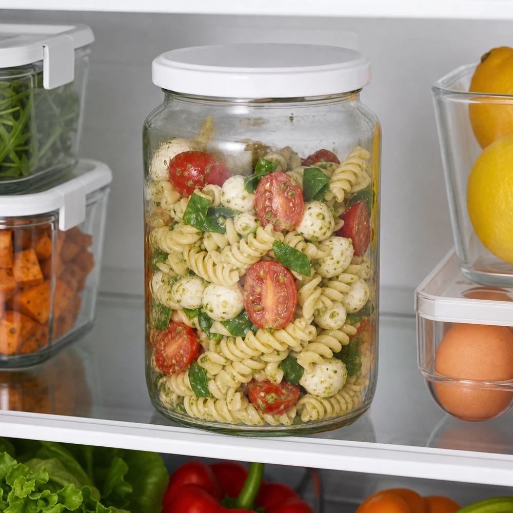 795ml rond glas met BasicSeal deksel wit UNiTWIST 795 ml ronde UNiTWIST-pot als maaltijdverpakking in de koelkast gevuld met pastasalade toont een perfect behoud van versheid.