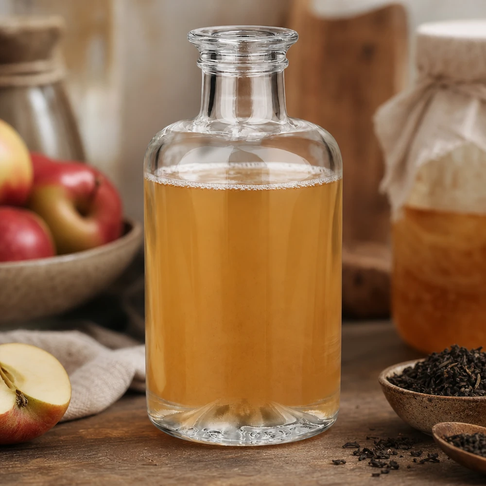 100 ml apothekersfles Sofia zonder sluiting UNiTWIST® 100ml Sofia glazen fles gevuld met appelsap naast verse appels en theekruiden op een natuurlijke houten tafel