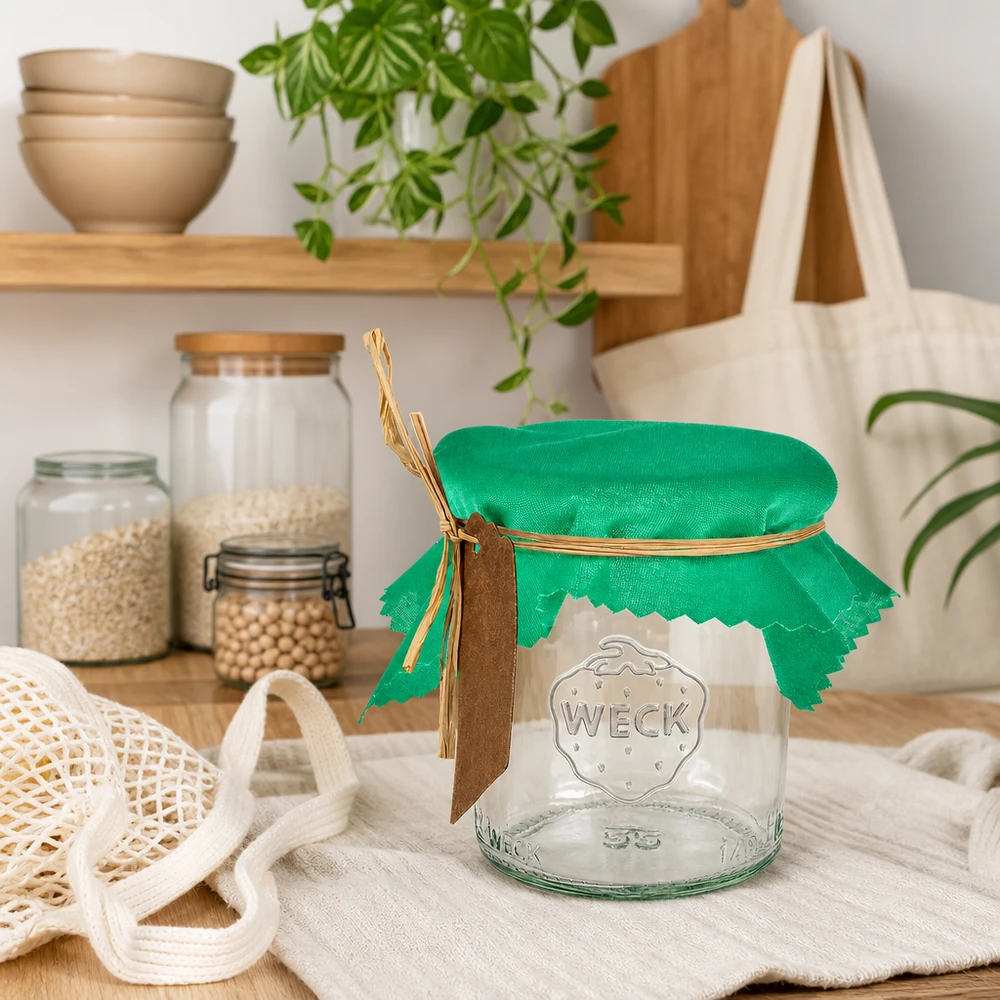 Stoffen lapje voor deksel groen 12cm hoekig Groene decoratieve doily 12cm vierkant op WECK pot in duurzame zero-waste keuken met opbergbakjes en jute zak