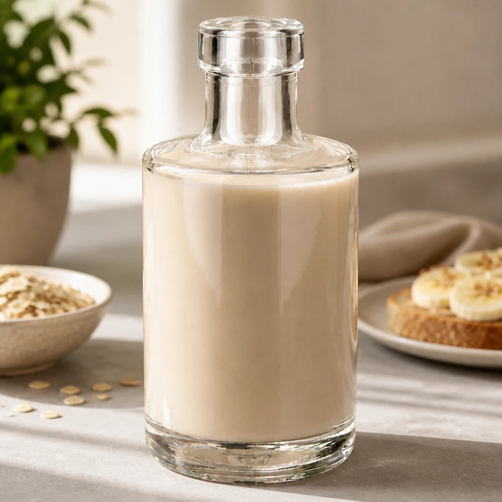 200 ml glazen fles Marie zonder sluiting UNiTWIST® Glazen fles Marie 200ml gevuld met havermelk Lifestyle keuken tafereel met havervlokken en brood Toepassing
