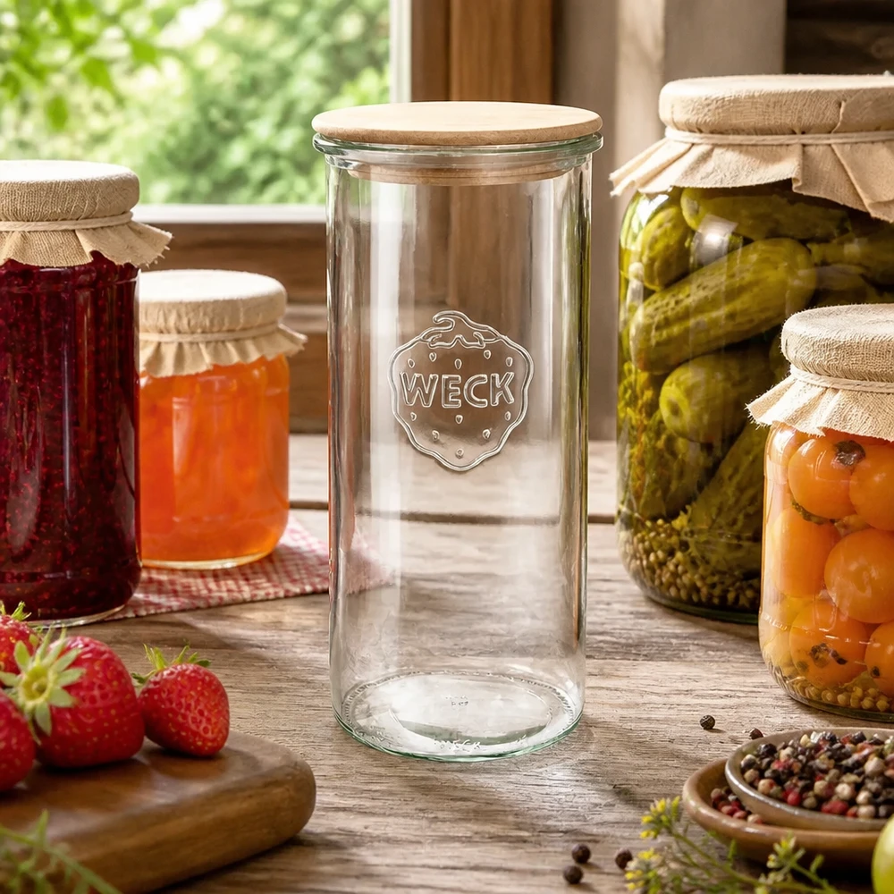 WECK RR100 inmaakpot 1500ml met houten deksel in rustieke keuken met jam en ingemaakte augurken