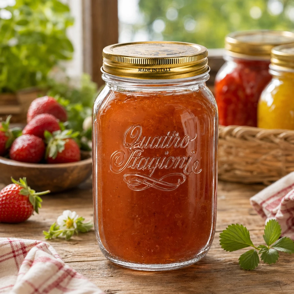 1000ml Quattro Stagioni pot gevuld met zelfgemaakte aardbeienjam op een rustieke houten tafel Italiaanse inmaakpot