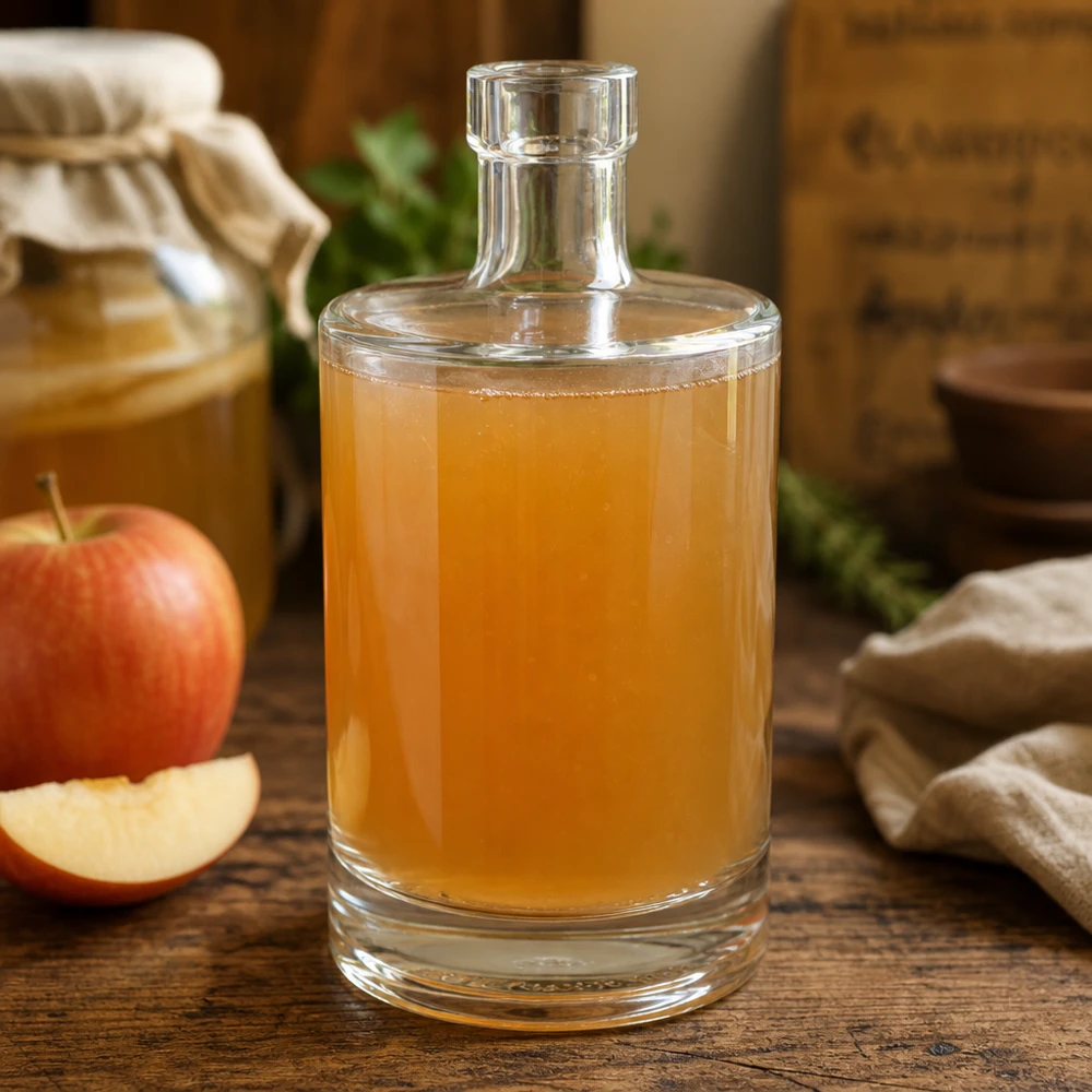 500 ml glazen fles Marie zonder sluiting UNiTWIST® 500 ml glazen fles Marie gevuld met appelcider naast verse appels toont veelzijdig gebruik voor zelfgemaakte sappen