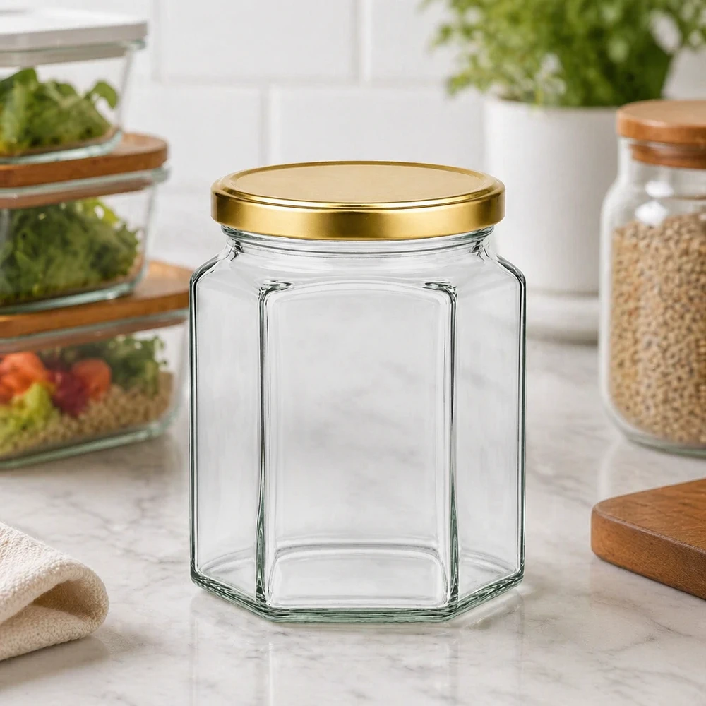 288ml hexaglas met BasicSeal deksel goud UNiTWIST Leeres 288ml Hexaglas mit goldenem BasicSeal Deckel in moderner Küche zeigt vielseitige Aufbewahrungsmöglichkeiten