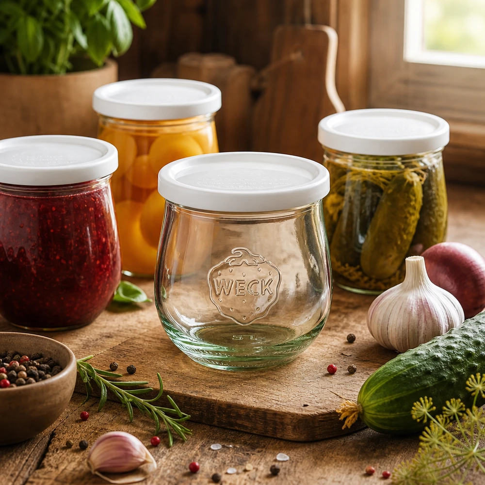 WECK tulp pot 370ml RR80 in keuken scène met conserven, specerijen en kruiden gerangschikt op houten plank