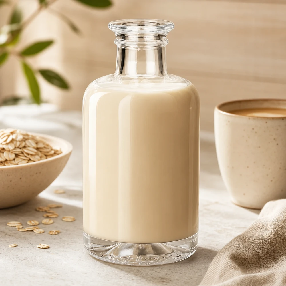 100 ml apothekersfles Sofia zonder sluiting UNiTWIST® 100ml Sofia glazen fles gevuld met havermelk naast havervlokken en beker op een lichtgekleurde achtergrond