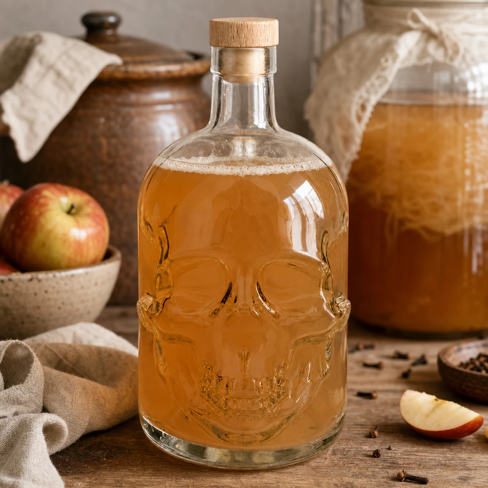 700 ml glazen fles Jack met houten kurk UNiTWIST® Totenkopf-Glasflasche 700ml mit Apfelmost gefüllt neben Äpfeln und Gewürzen in rustikaler Küchen-Destillerie