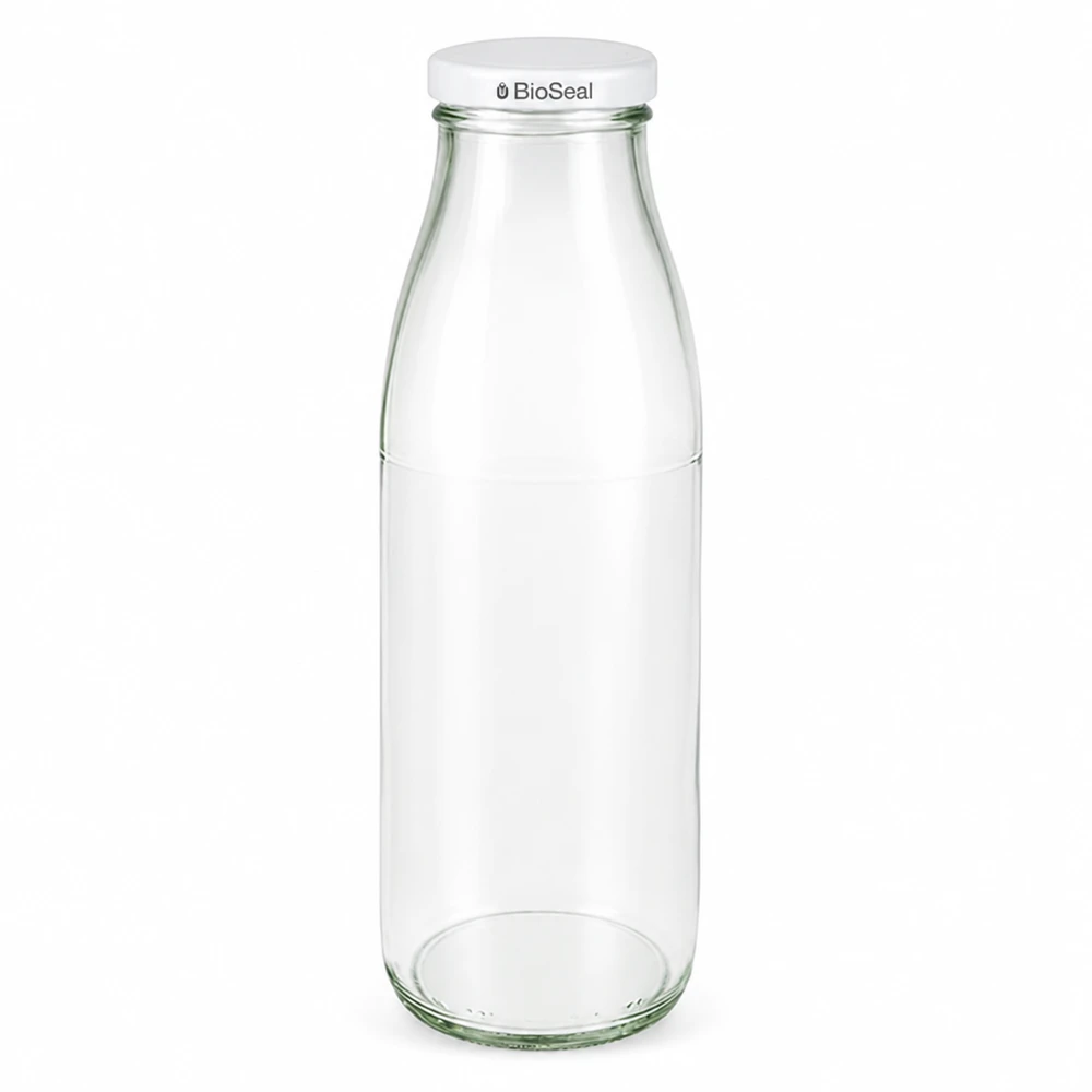 500ml fles met BioSeal deksel wit UNiTWIST 500 ml glazen fles met wit BioSeal deksel, transparant, UN-gecertificeerd, melkfles voor eten en drinken