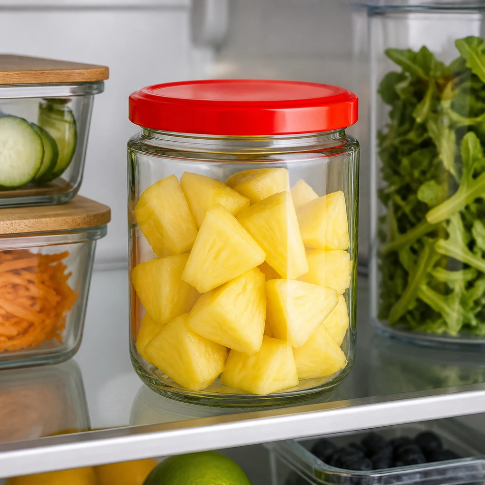 490 ml rond glas + BasicSeal-deksel rood UNiTWIST Meal Prep-bewaarbak met 490 ml UNiTWIST rond glas en rode BasicSeal-deksel met ananasmotief