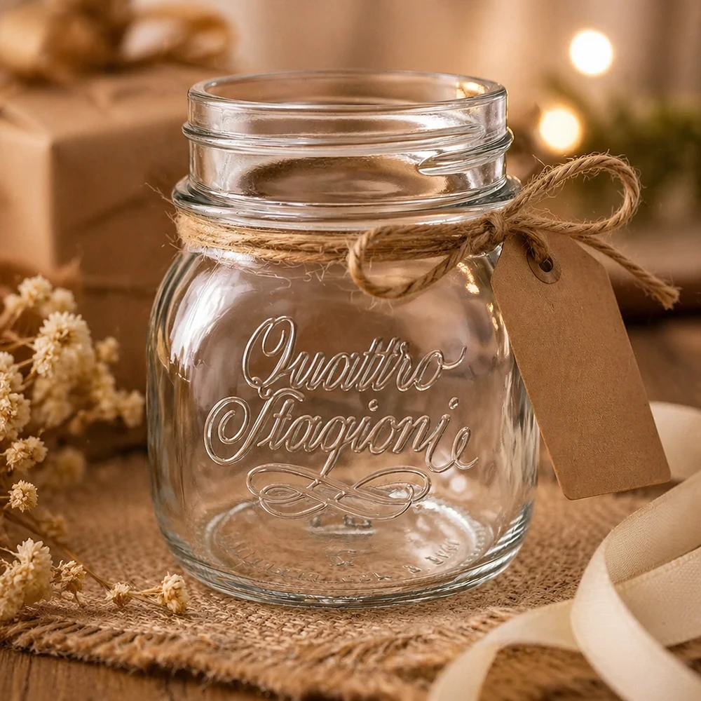 150ml Quattro Stagioni huishoudpot met deksel en jute lint, decoratieve inmaakpot op een rustieke houten tafel