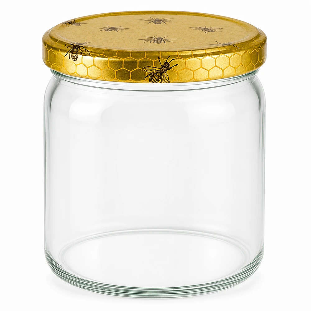 408ml rond glas met BasicSeal deksel Honingraat UNiTWIST 408ml Rundglas mit goldenem Bienenwaben-Deckel - leeres Honigglas für Küche und Vorratshaltung von Glas-Fabrik.de