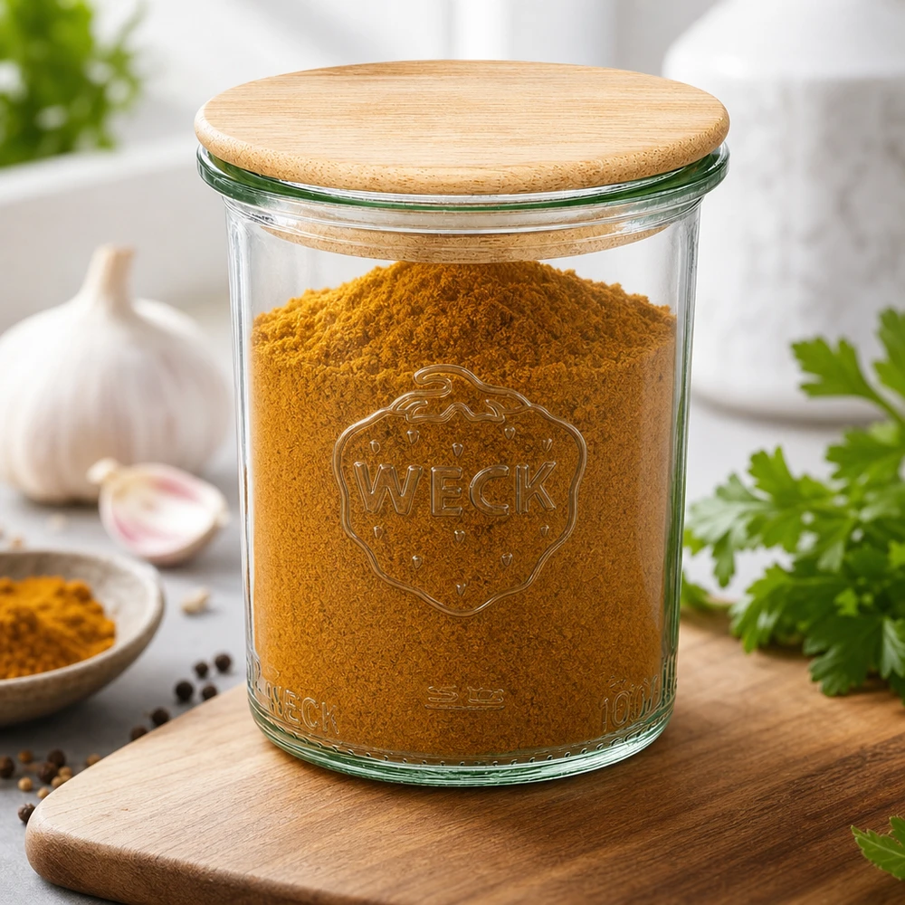 WECK 160ml RR60 mason jar met bamboe deksel gevuld met kurkuma specerijen keukenplank knoflook kruiden