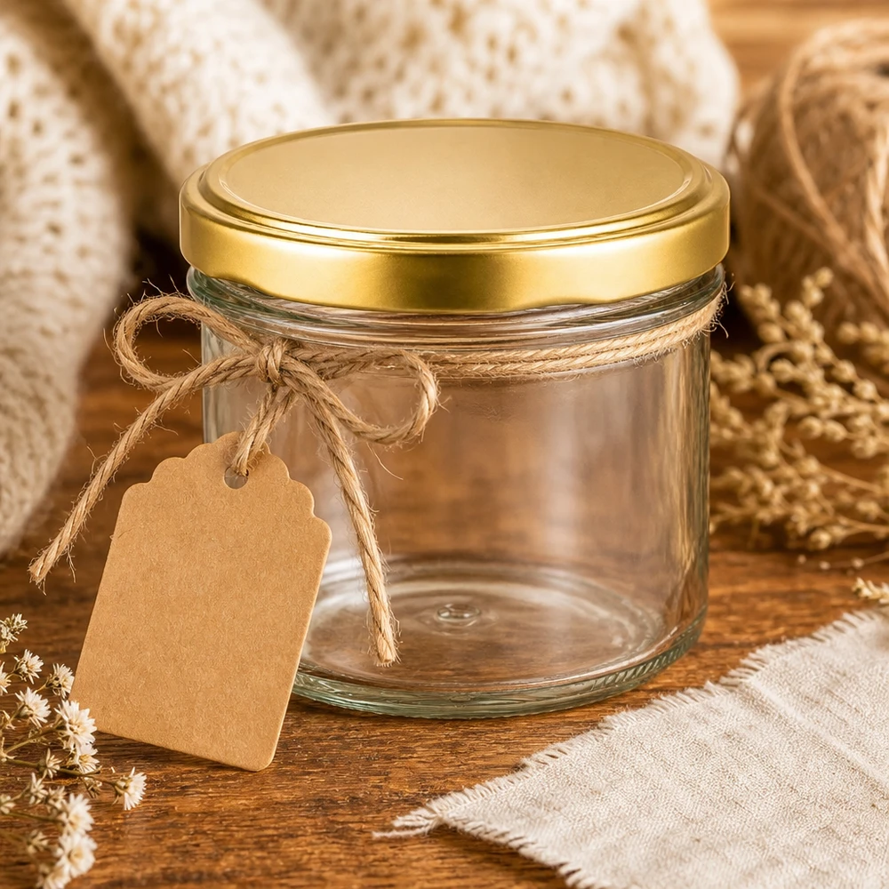 225ml bekers met BasicSeal deksel goud UNiTWIST 225ml UNiTWIST bekers leeg met gouden deksel en hanger als geschenkverpakking op rustiek hout