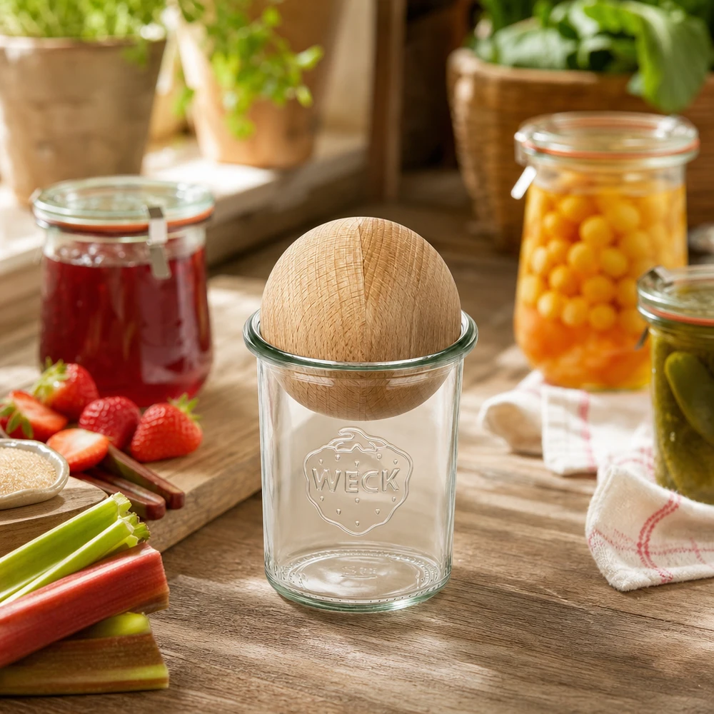 160ml stortglas WECK RR60 met houten bal WECK Sturzglas 160ml mit Buchenkugel in rustikaler Küche neben Marmeladengläsern und frischen Zutaten dekoriert