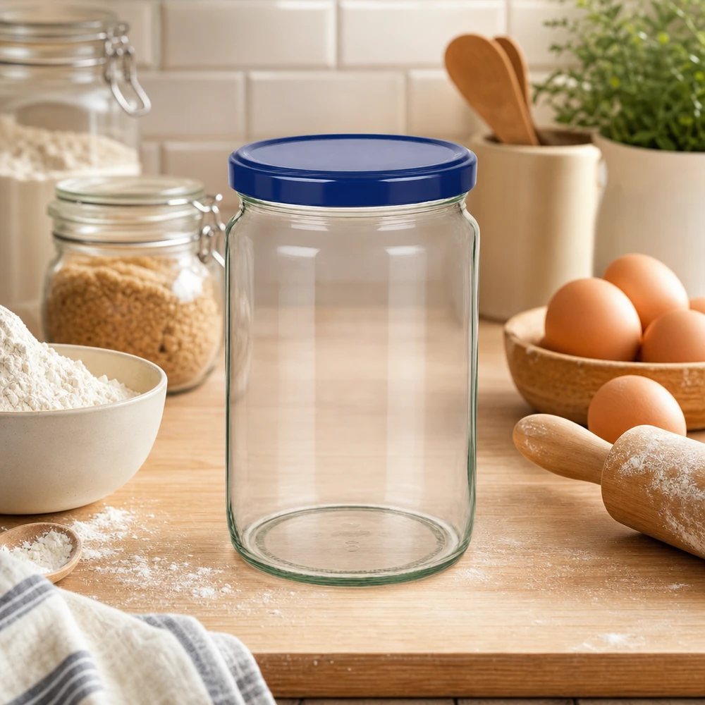 795ml rond glas met BasicSeal deksel blauw UNiTWIST 795ml Rundglas mit blauem BasicSeal Deckel auf Küchenarbeitsplatte mit Backzutaten Eiern und Mehl für Vorratshaltung