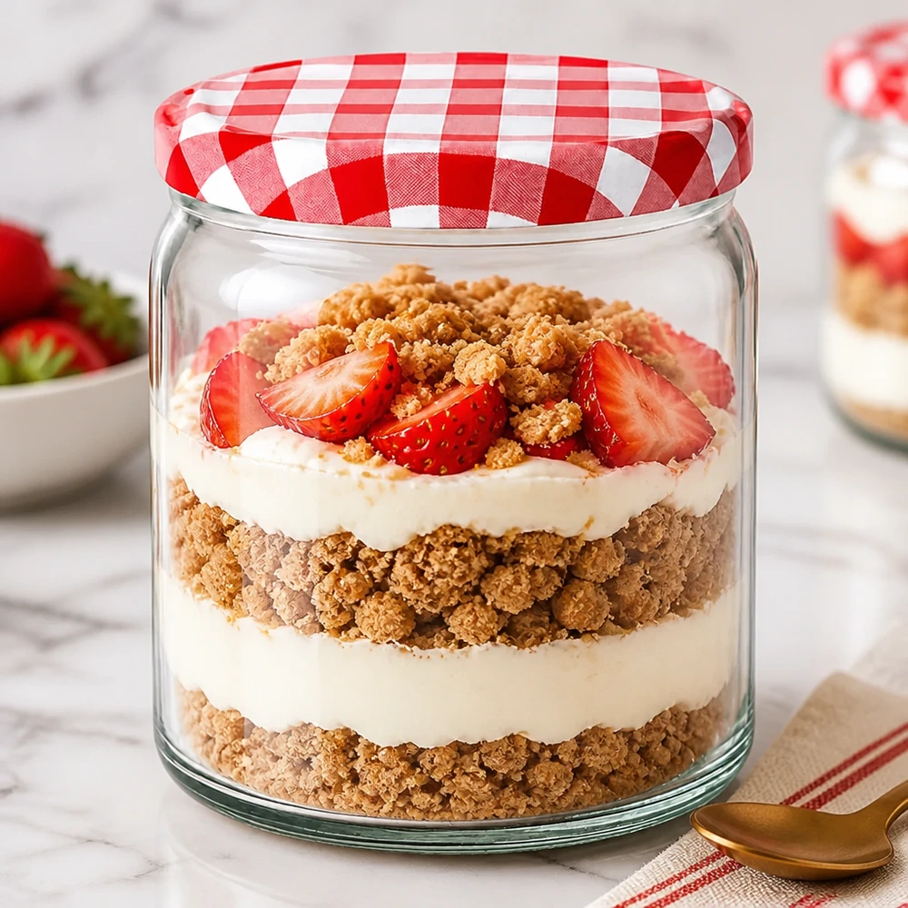 408ml rond glas met BasicSeal deksel rood/wit UNiTWIST 408ml ronde pot als dessertpot met gelaagd dessert aardbeien room crumble BasicSeal deksel rood wit geblokt