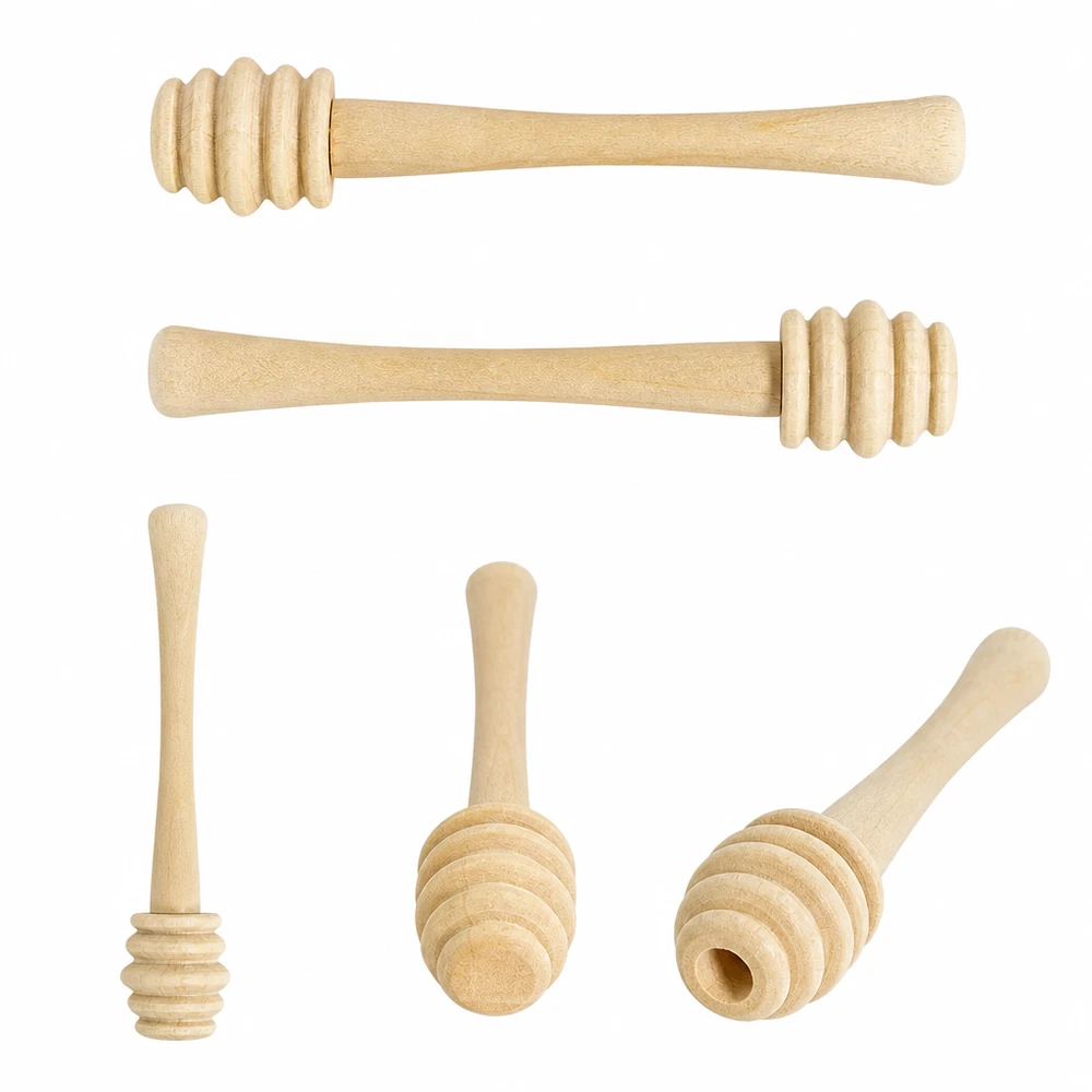 Houten honingzuiger 10,5 cm Vijf esdoornhouten honinglepels in verschillende aanzichten tonen gedetailleerde groefstructuur en ergonomische handvatvormen