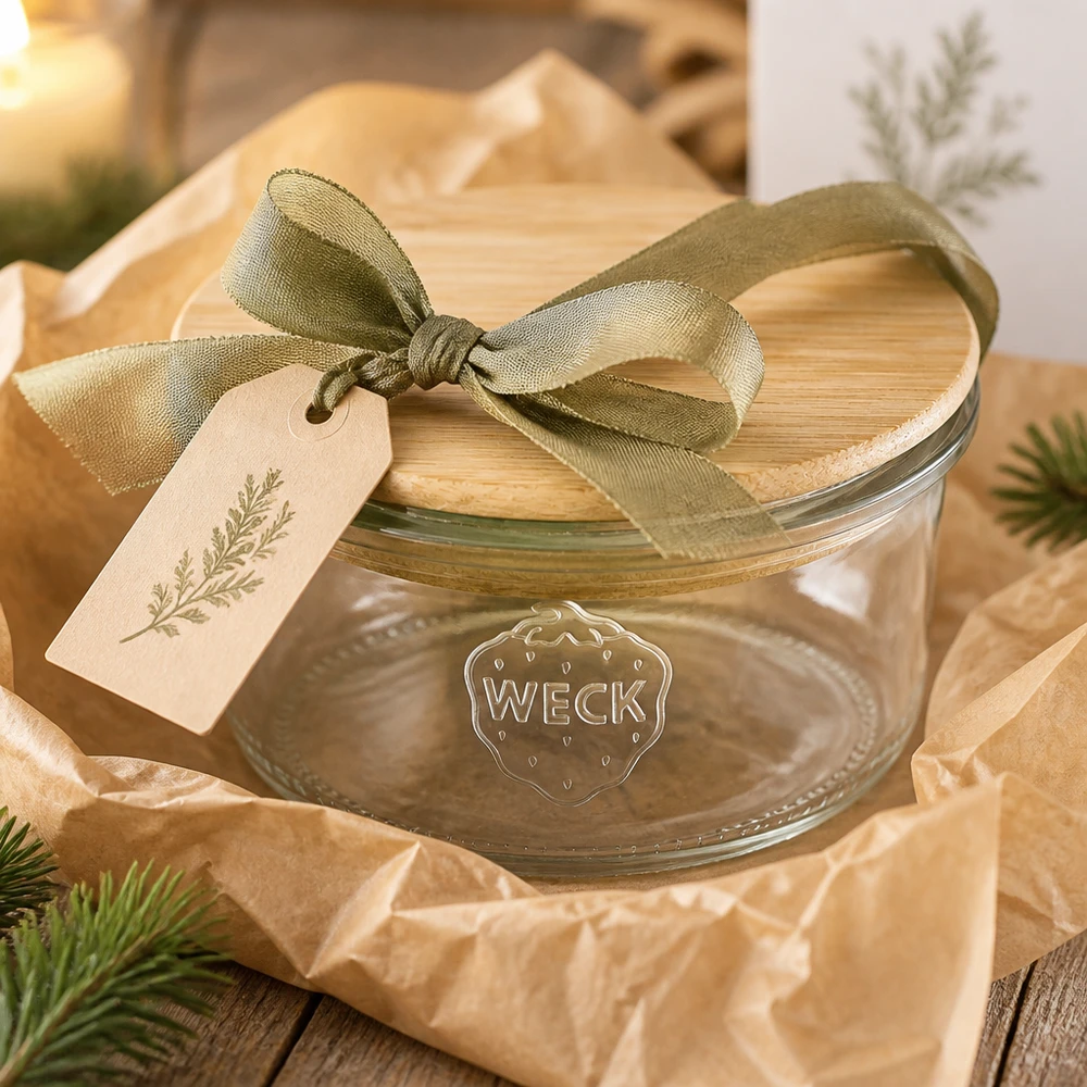 WECK 165ml RR80 bekers als geschenkset met een groene strik en hanger versierd voor Kerstmis op een houten tafel