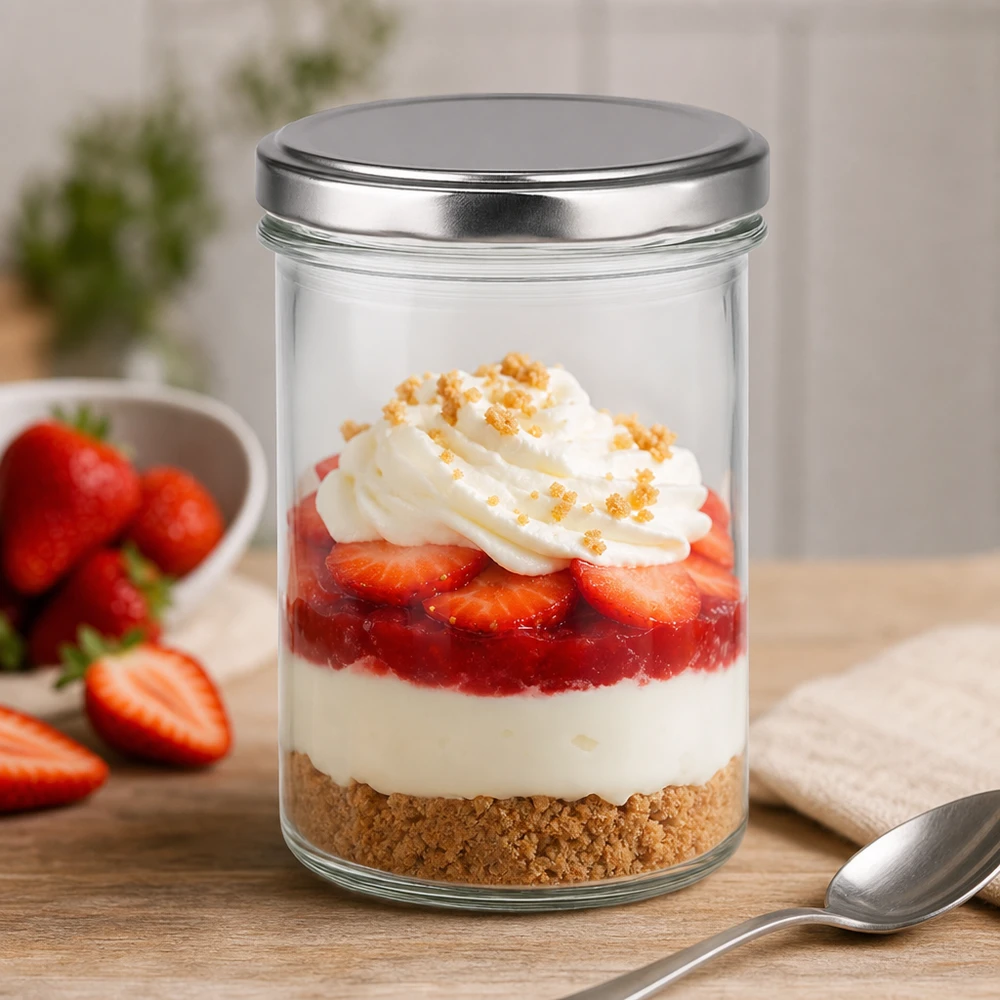 350ml bekers met BasicSeal deksel zilver UNiTWIST 350ml Sturzglas mit BasicSeal Deckel silber als Dessertglas mit Erdbeeren Sahne und Keksboden perfekt für Nachspeisen