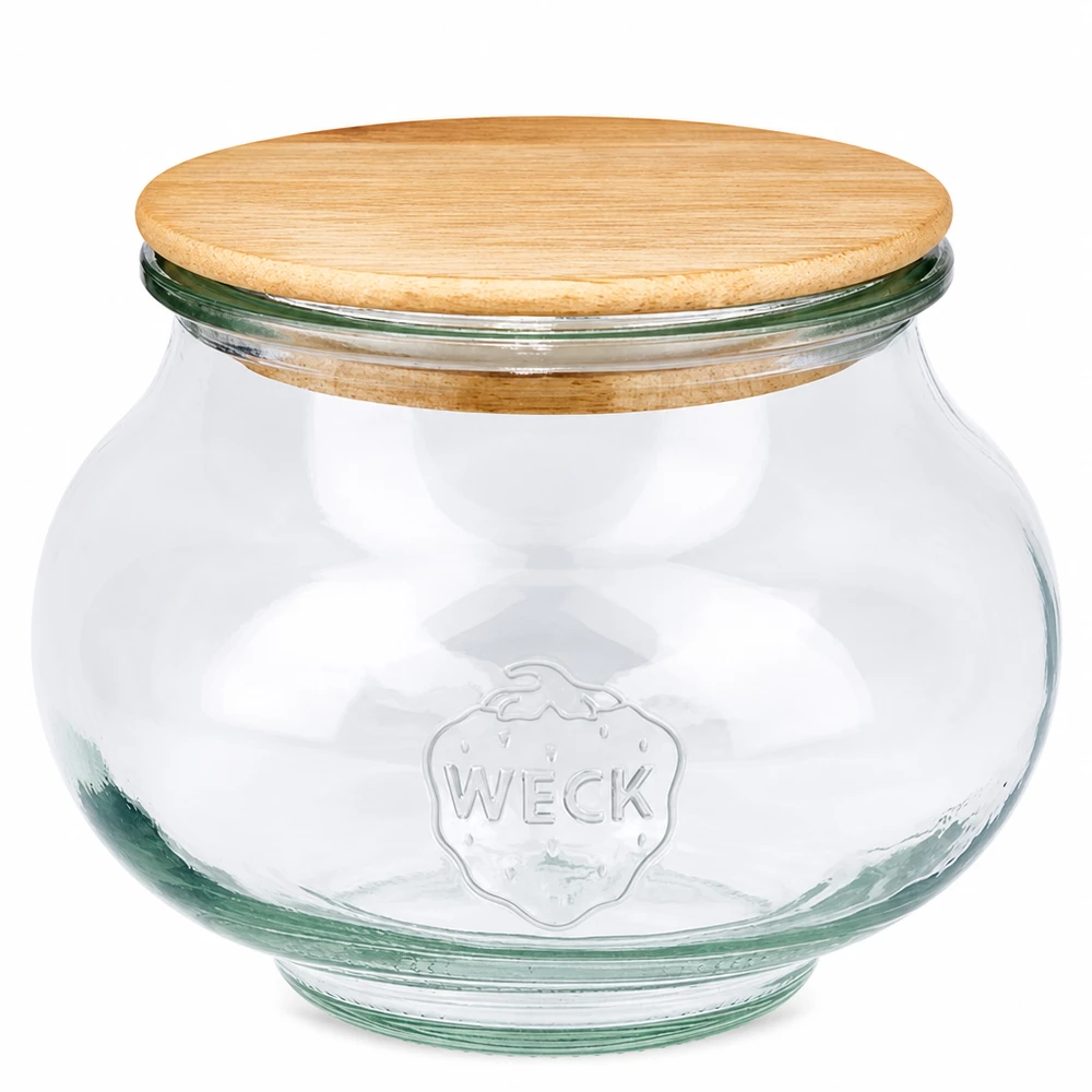 WECK sieradenpot 560ml RR80 met rond houten deksel gemaakt van eikenhout transparante voorraadpot met Weck logo