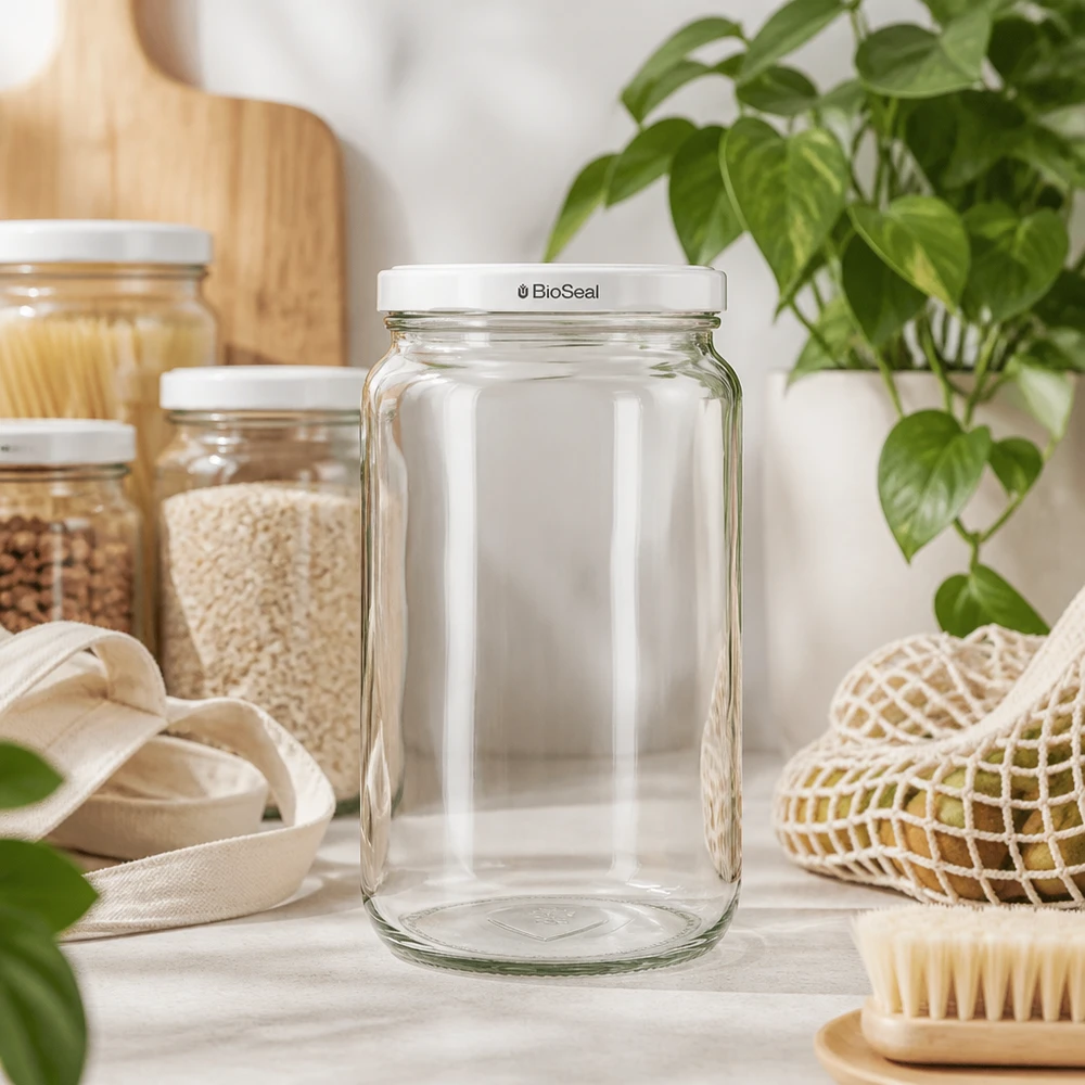 UNiTWIST Runda795 voorraadpot met wit TO82 BioSeal deksel in duurzame zero-waste keuken met natuurlijke materialen