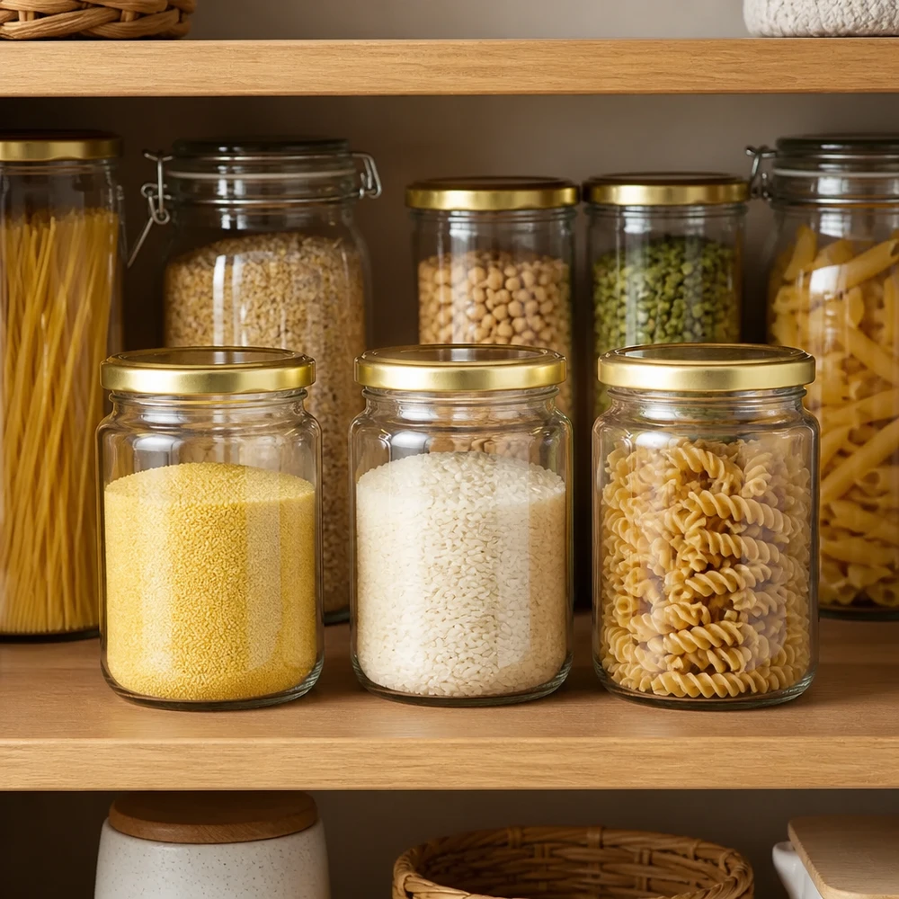 Doorzichtig rond glas van 275 ml, BasicSeal goud, voor het stijlvol bewaren van voorraadproducten
