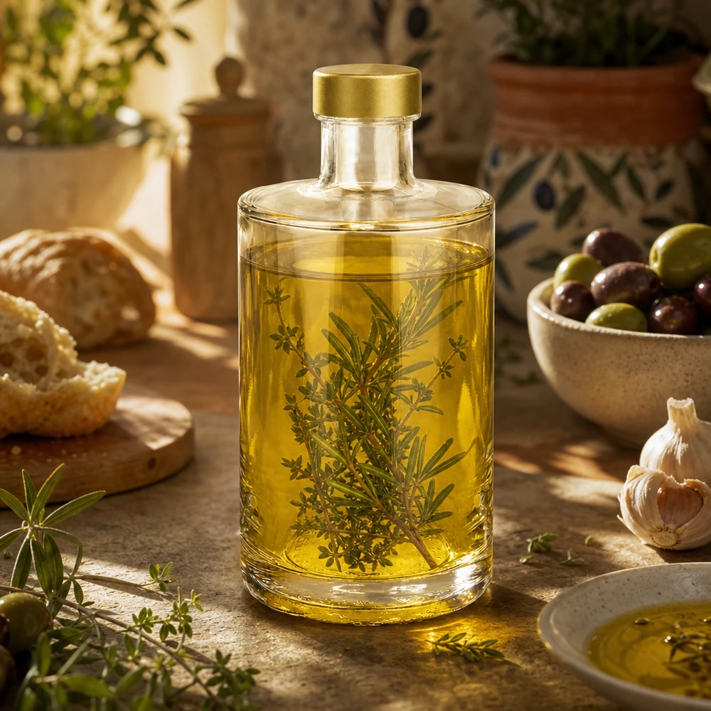 375ml glazen fles Sam gevuld met kruidenolie rozemarijn tijm gouden UNiTWIST dop mediterrane keuken decoratie