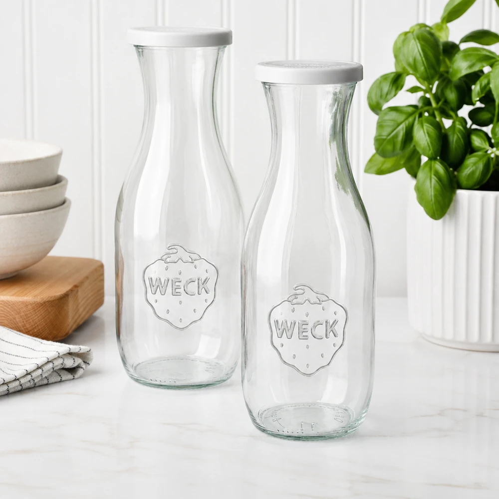 Sapfles van 1062 ml met vershouddeksel WECK RR60 Twee WECK sapflessen 1062ml met witte deksels in moderne keuken naast schalen en basilicumplant